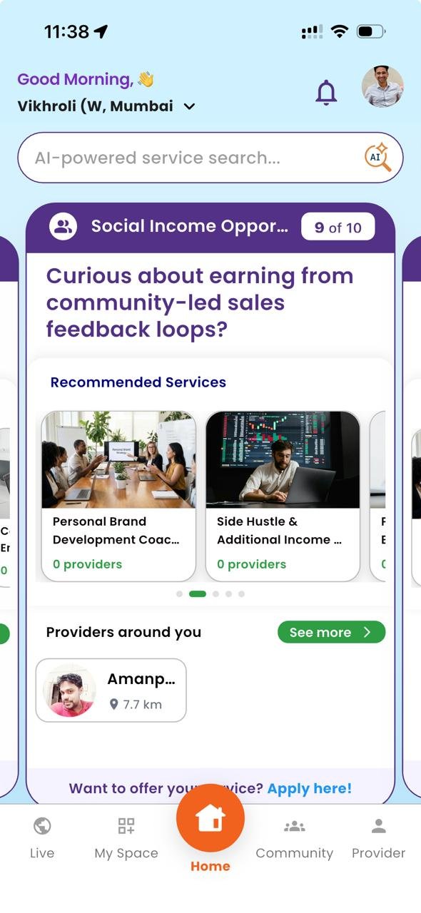 Strings Social mobile app showing AI-powered service discovery and recommended providers