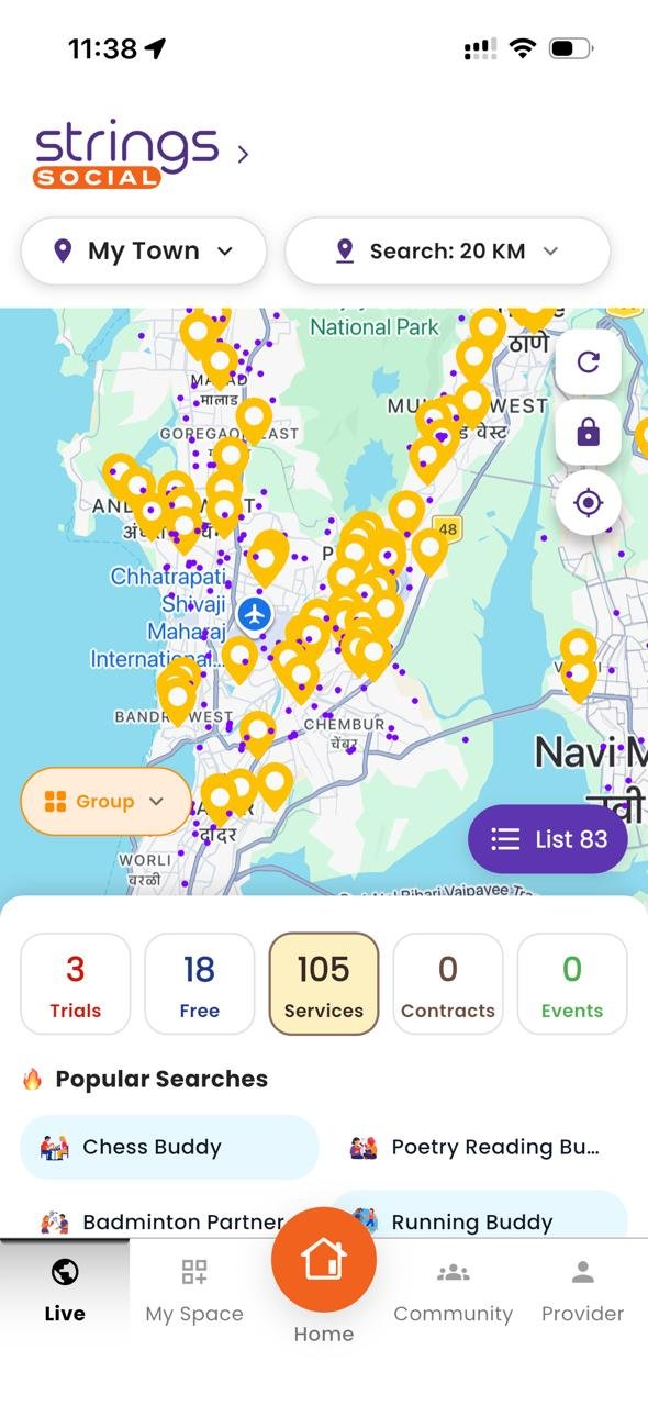Strings Social mobile app map showing nearby services across Mumbai