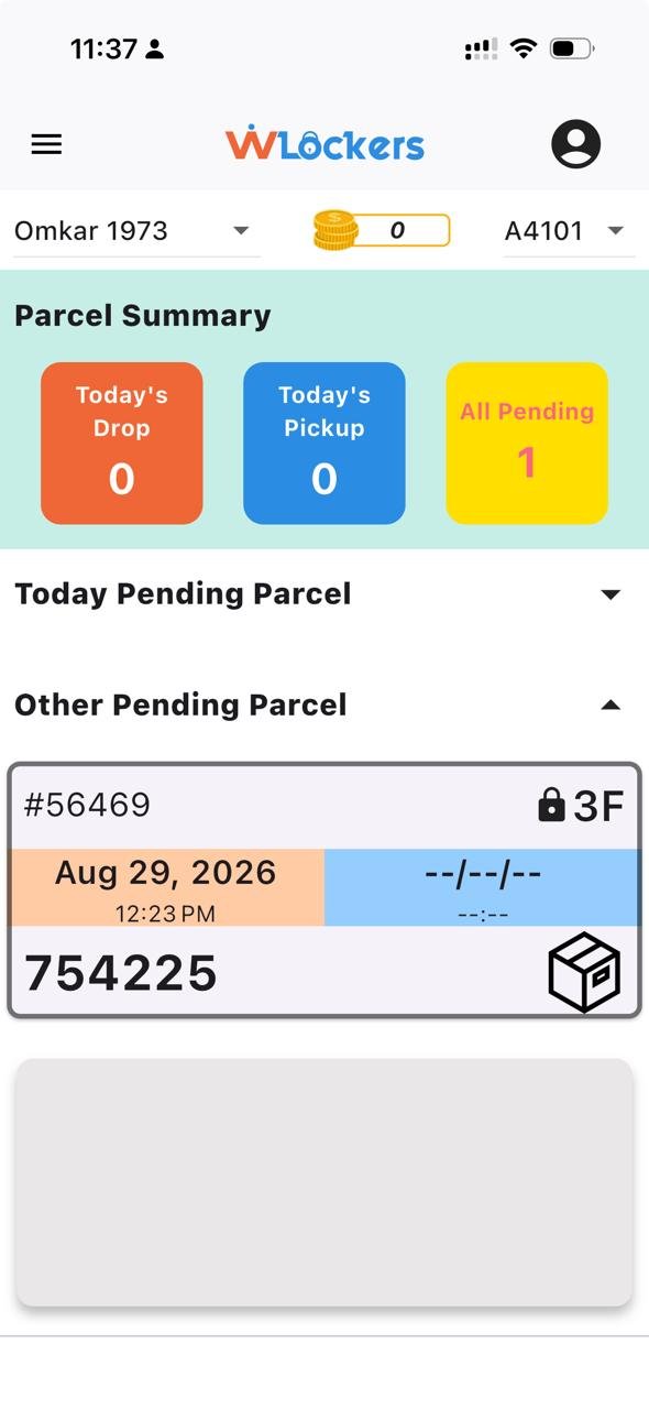WLockers mobile dashboard showing parcel drop, pickup, and pending parcel information